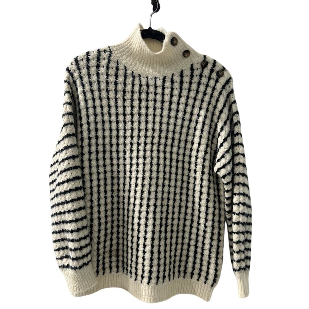 Cream and Black Striped Button-Shoulder Sweater